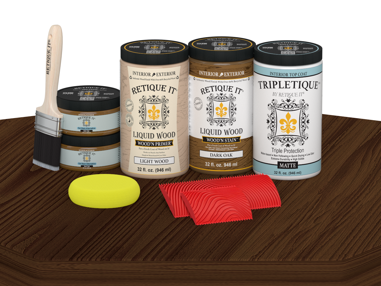 Retique It® Wood'n Cabinet Kit with 12 dark oak grained stained cabinet doors on a table surface.