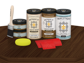 Retique It® Wood'n Finish Kit with four large dark oak stain bottles, satin finish, for wood furniture and surface refinishing.