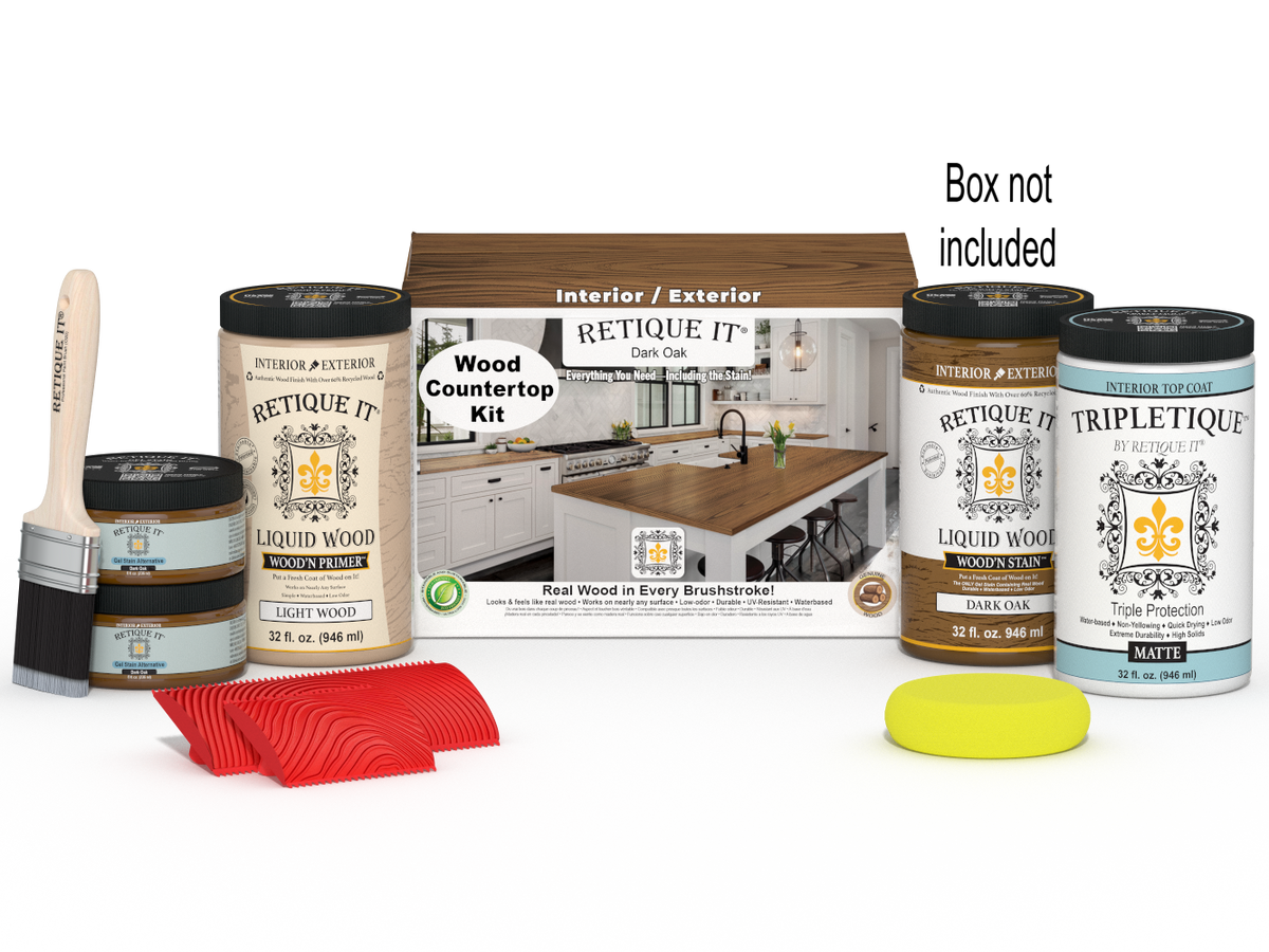 Dark oak countertop kit by Retique It® with stains for full kitchen remodeling, shown with the box and application tools.