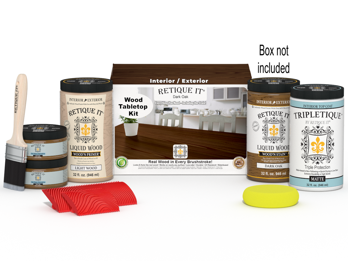 Retique It® Wood'n Finish Kit for tables, dark oak stain, four large bottles, with applicator box, ideal for wood finishing projects.