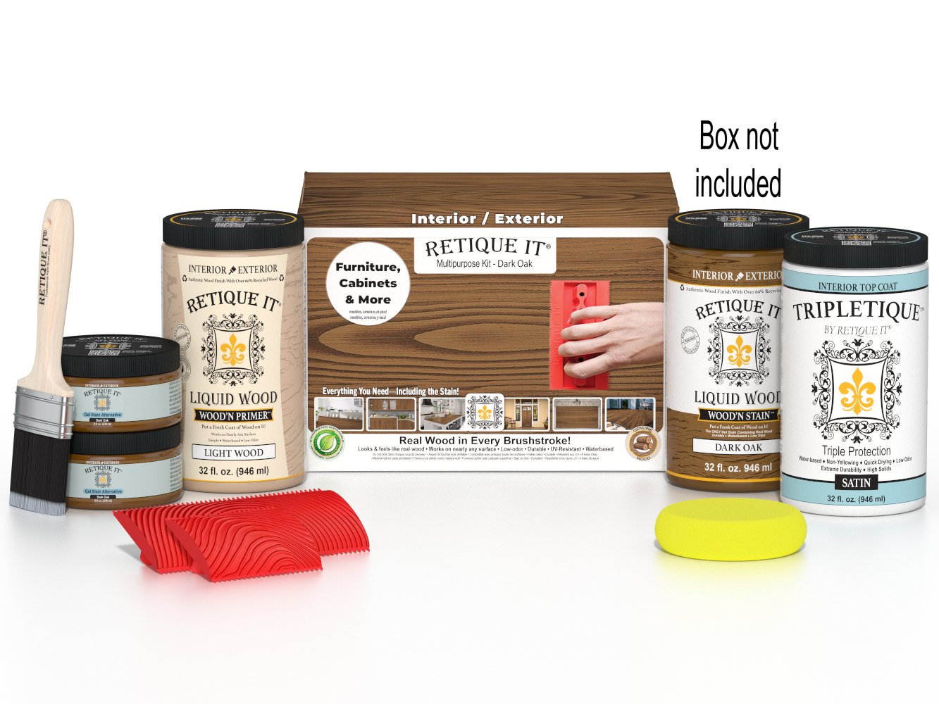 Large Dark Oak Wood'n Finish Kit by Retique It® for interior top coat application, shown with application tools and supplies.