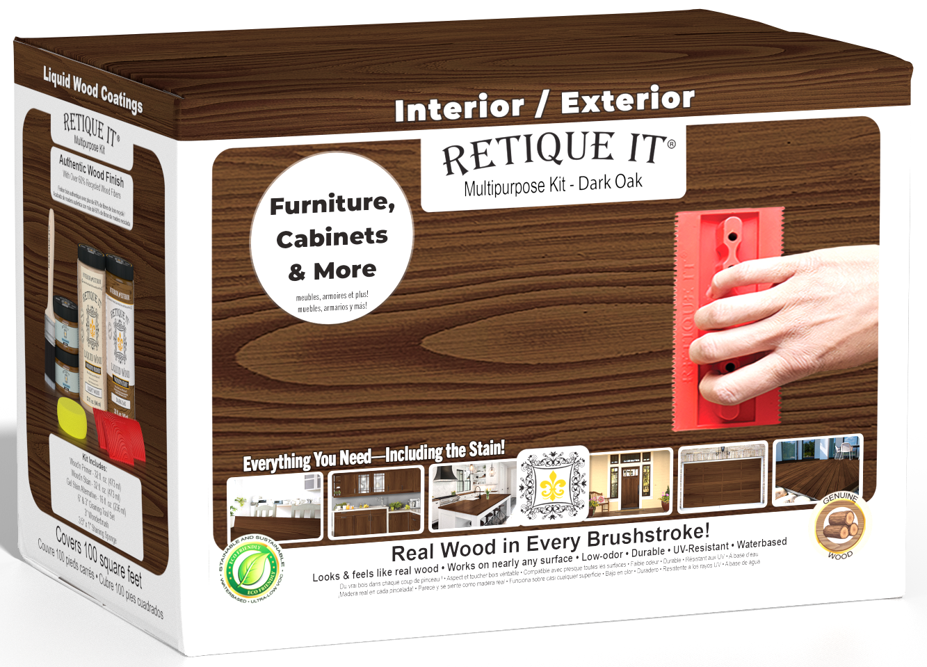 Retique It Dark Oak multipurpose liquid wood refinishing kit box with wood grain finish examples and a red graining tool.