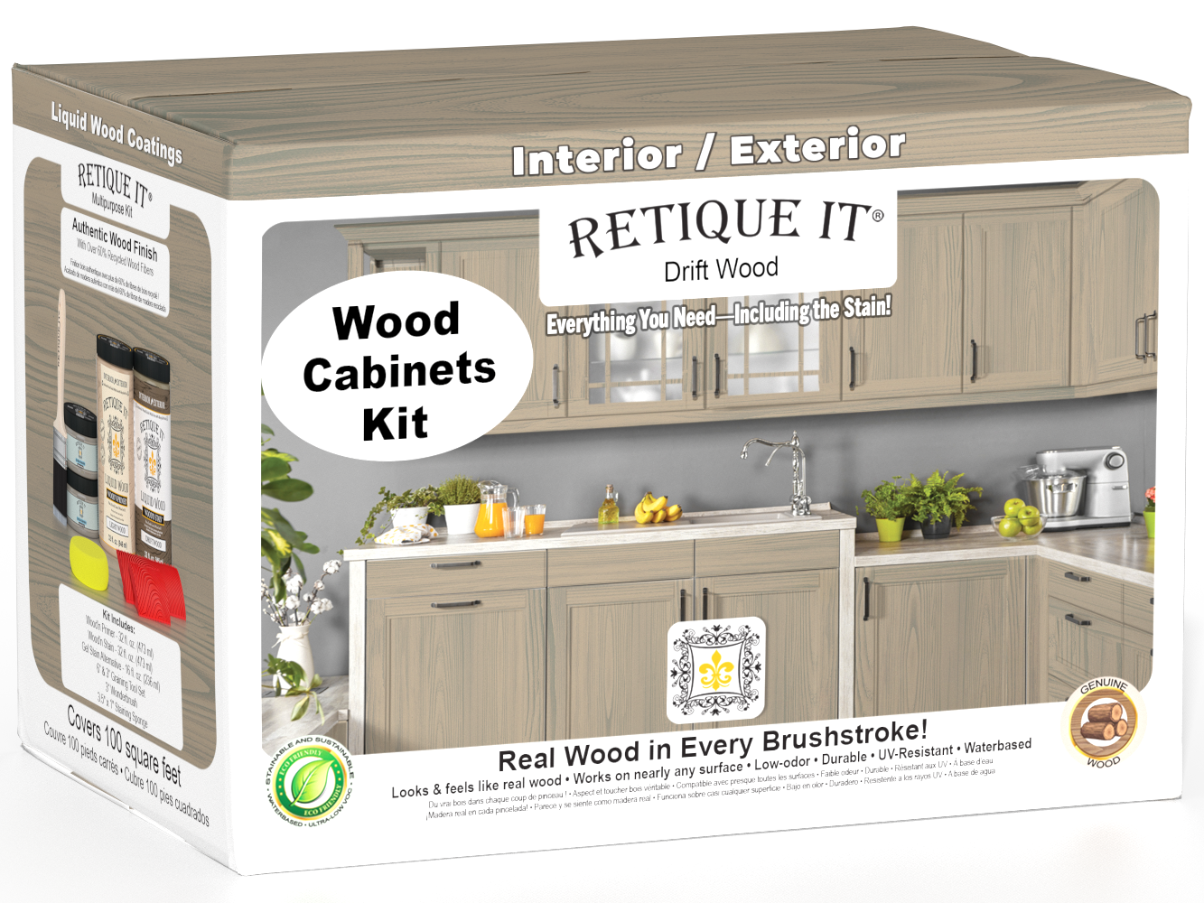 Retique It Wood'n Cabinet Kit in Drift Wood stain showing 12 grained cabinet doors with a natural wood finish.