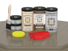 Large Wood'n Kit by Retique It® with driftwood finish and gloss exterior top coat, shown with wood sample and application tools.