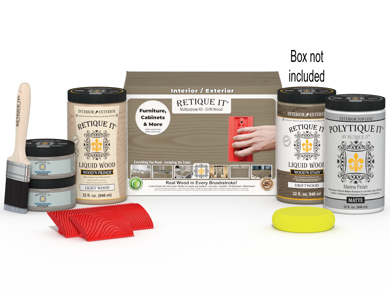 Large Wood'n Kit by Retique It® for exterior wood finishing, includes driftwood-colored top coat and application tools.