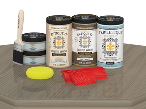 Glossy drift wood finish countertop kit from Retique It® for full kitchen renovation, shown on a wooden countertop.