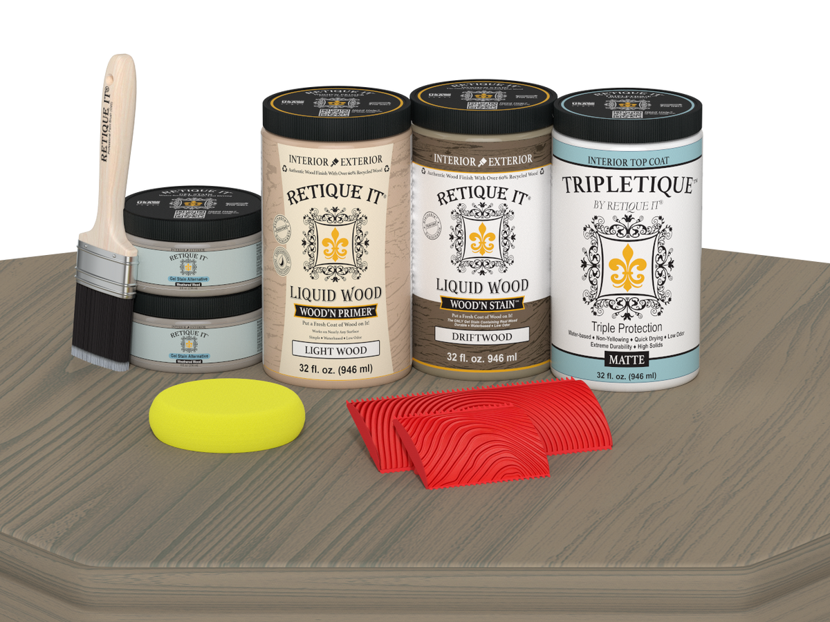 Retique It Wood'n Finish Kit in Drift Wood with four large stains, featuring matte finish on a tabletop surface.