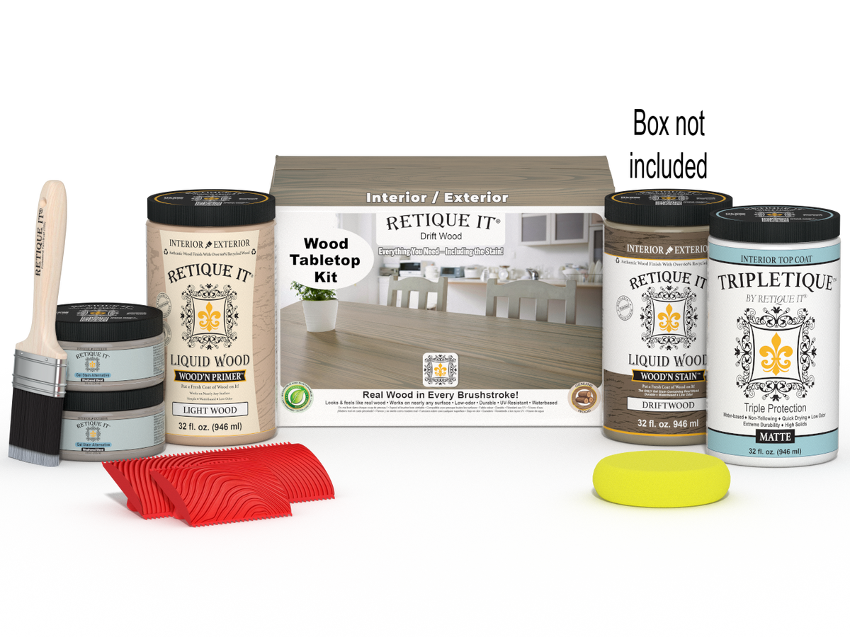 Retique It Wood'n Finish Kit in Drift Wood stain for tabletops, includes four large stain bottles with packaging visible.