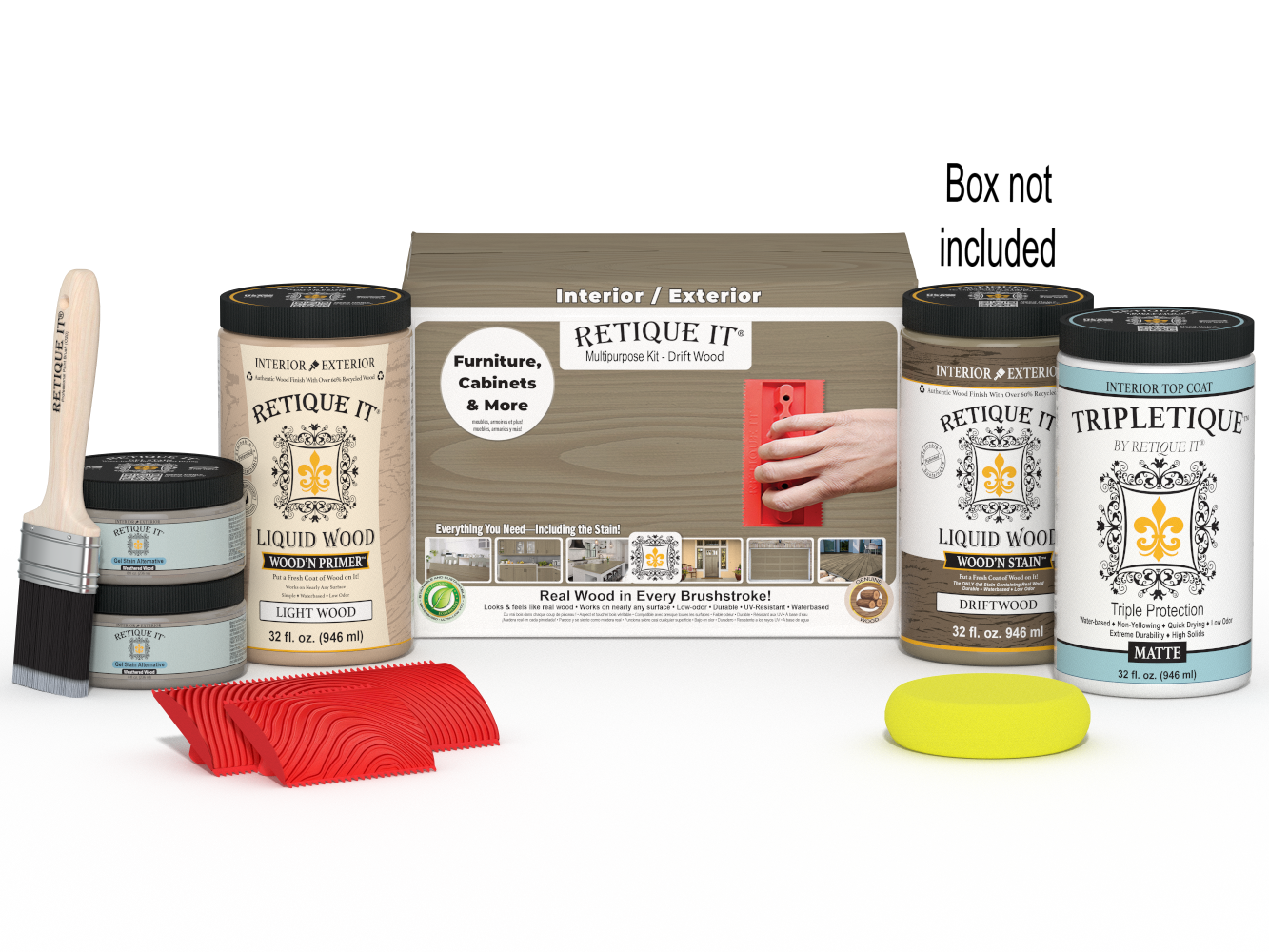 Large Wood'n Kit by Retique It® with driftwood finish, includes top coat and tools for interior woodworking projects.