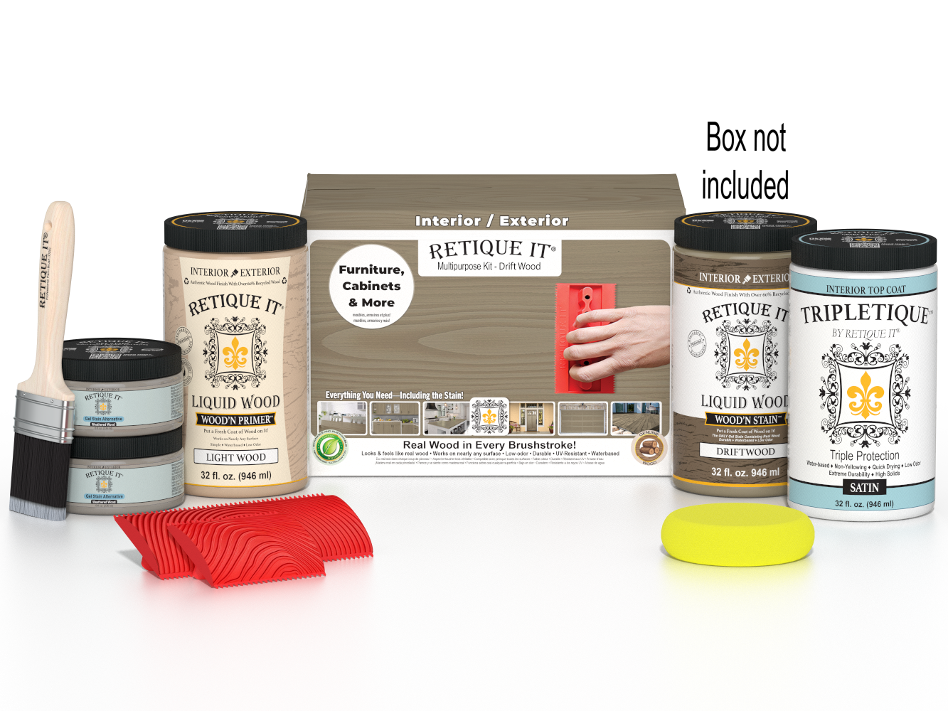 Large Wood'n Kit by Retique It® with driftwood finish and interior top coat, shown with kit components and wooden sample.