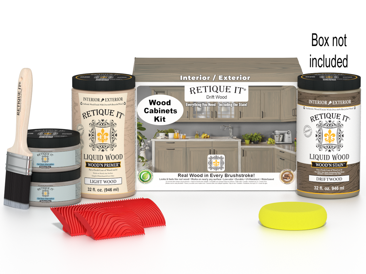 Retique It Wood'n Cabinet Kit with 12 grained driftwood-stained cabinet doors, showcasing natural wood texture and finish.