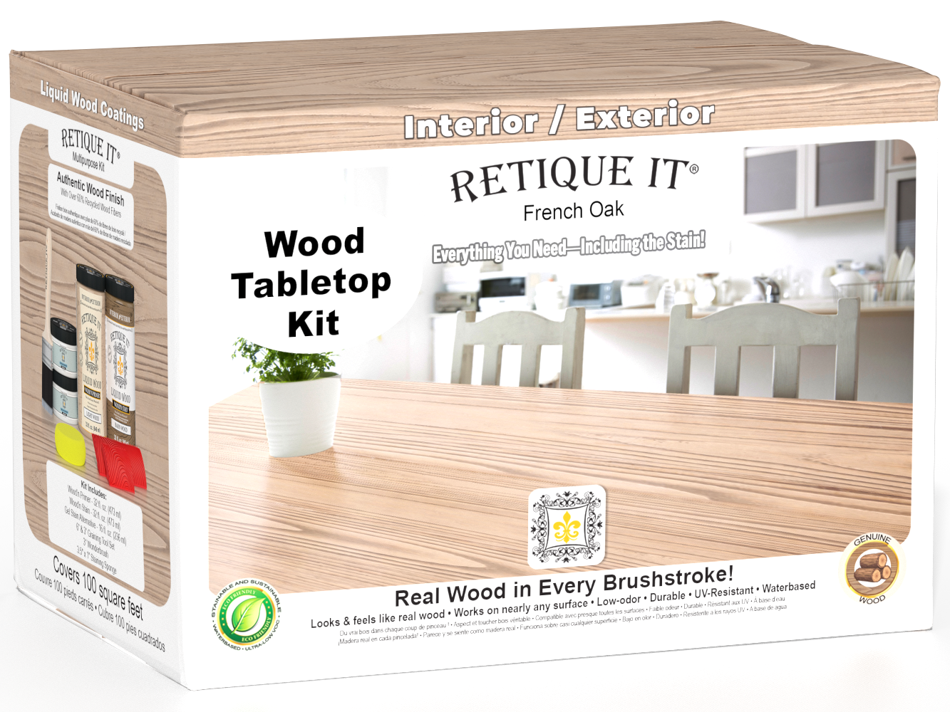 Retique It Wood'n Finish Kit French Oak stain set with four large bottles for tabletop wood finishing and refinishing.