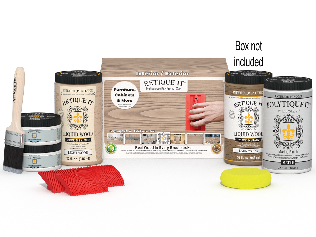 Large French Oak Wood'n Finish Kit by Retique It with exterior top coat and included application tools.