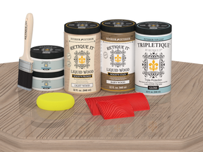Large French Oak Wood'n Finish Kit by Retique It® for interior top coat, shown with glossy wood finish on table.