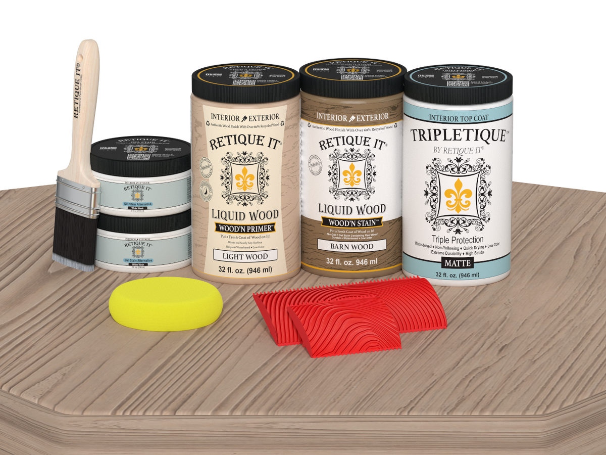 Retique It Wood'n Finish Kit with four large French Oak stain bottles for tabletop furniture, matte finish on a wooden surface.