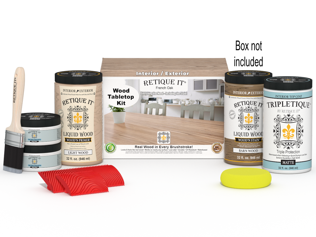 Retique It Wood'n Finish Kit French Oak stain set with four large bottles for tabletop wood finishing and staining.