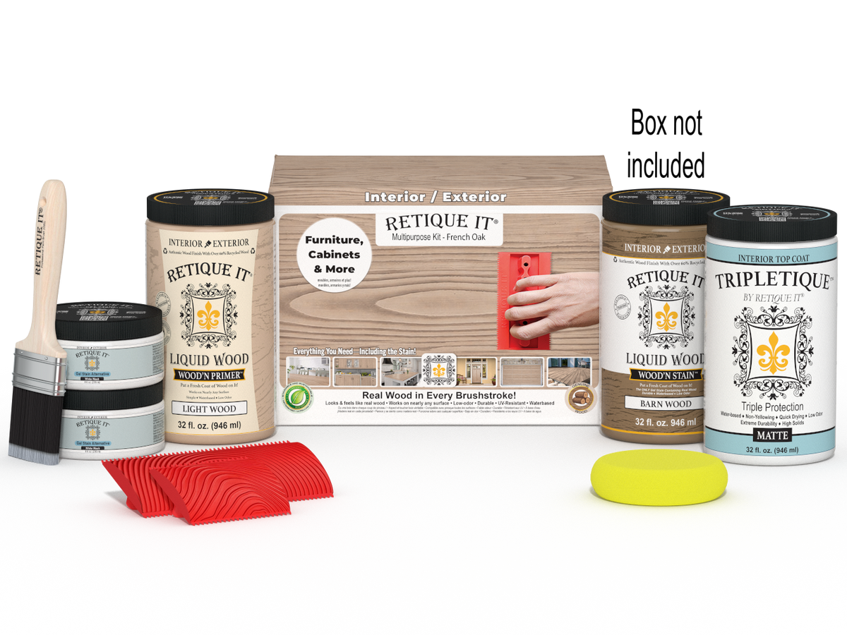 Large French Oak Wood'n Finish Kit by Retique It with interior top coat, includes wood finish and application tools.