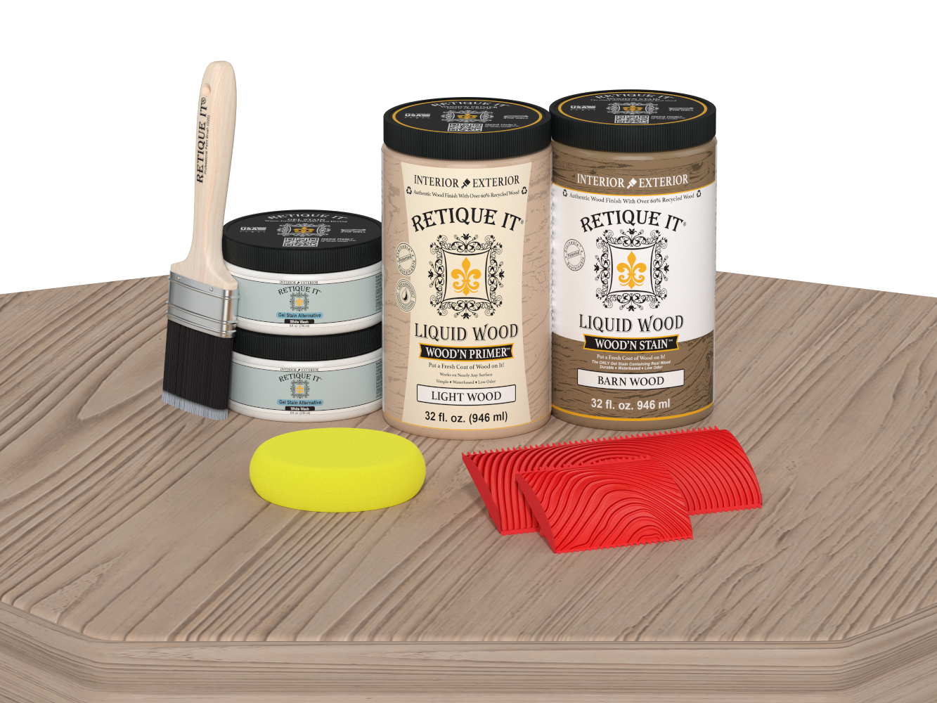 Retique It® Wood'n Cabinet Kit with French Oak stain, showing 12 grained cabinet doors on a wooden table.