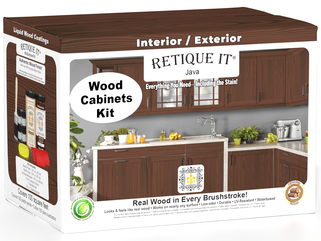 Retique It® Wood'n Cabinet Kit with 12 Java-stained grained cabinet doors, showcasing natural wood texture and rich Java color.