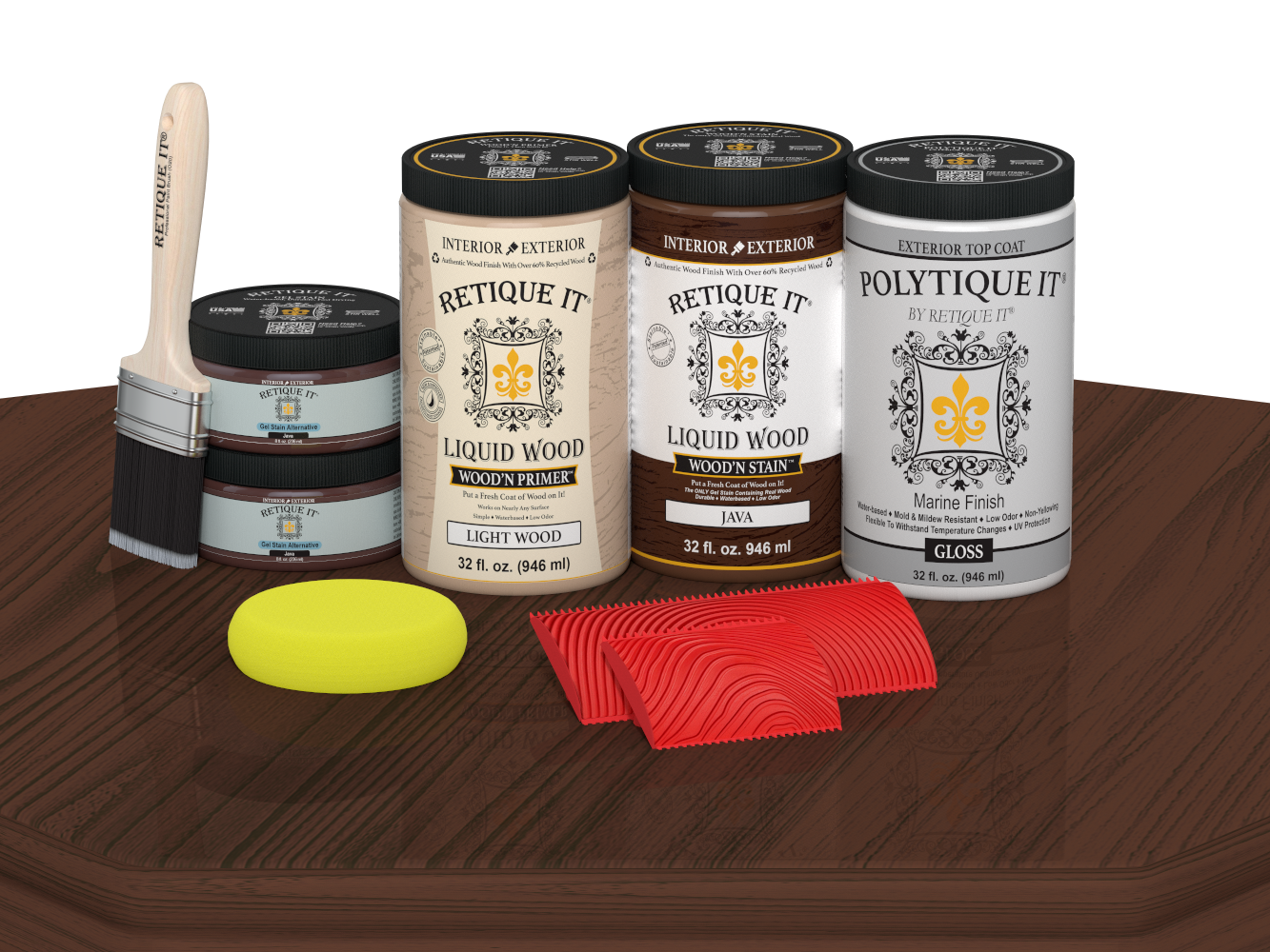 Retique It® Wood'n Finish Front Door Kit (Double) in Java stain with glossy finish, displayed on a table.