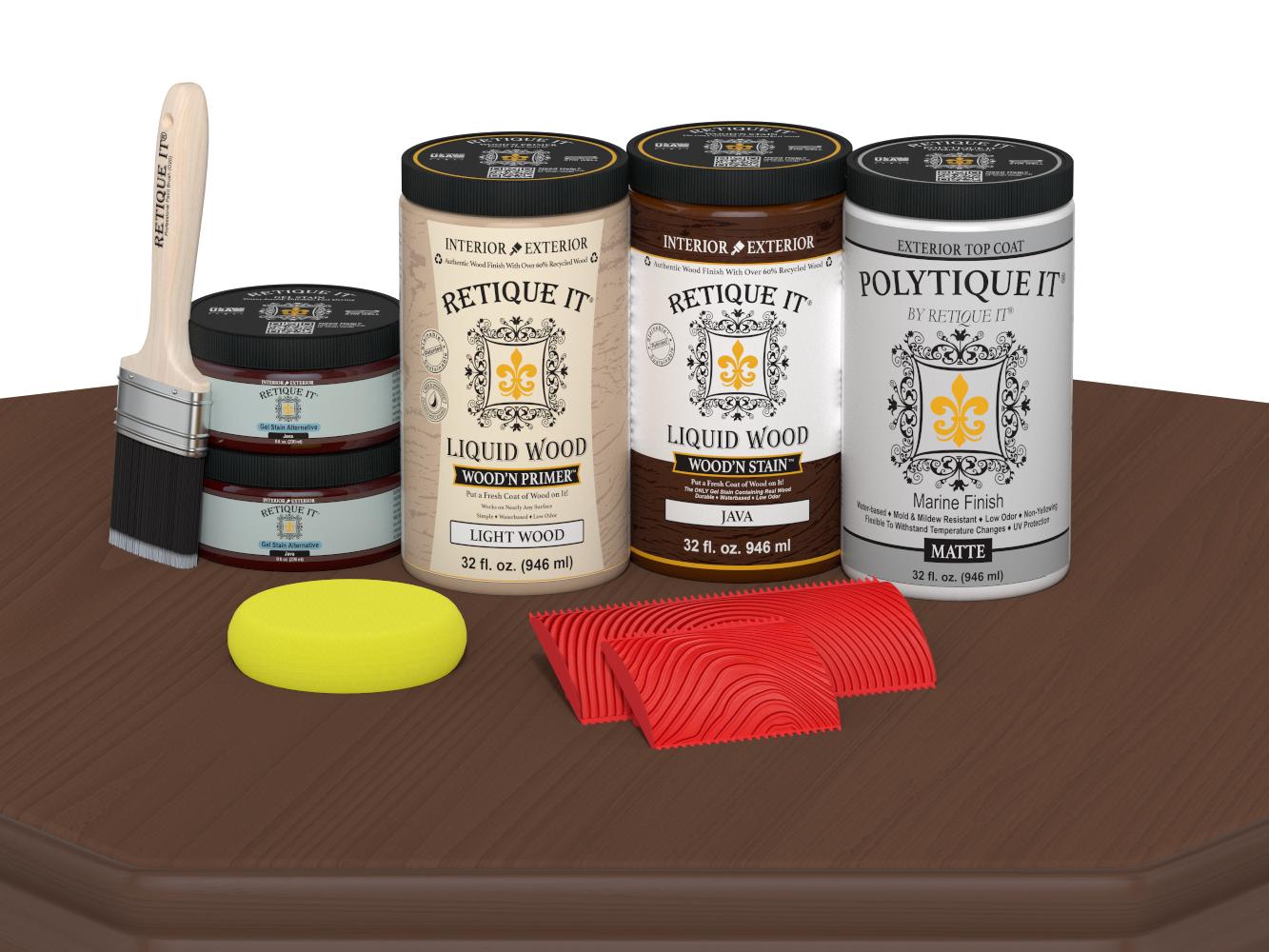 Large Java Wood'n Finish Kit by Retique It® with exterior top coat for wood furniture, includes matte wood finish product.