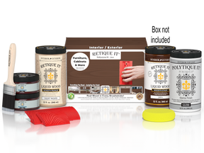 Large Java Wood'n Finish Kit by Retique It® with exterior top coat, including brushes and wood finishing supplies on a white background.
