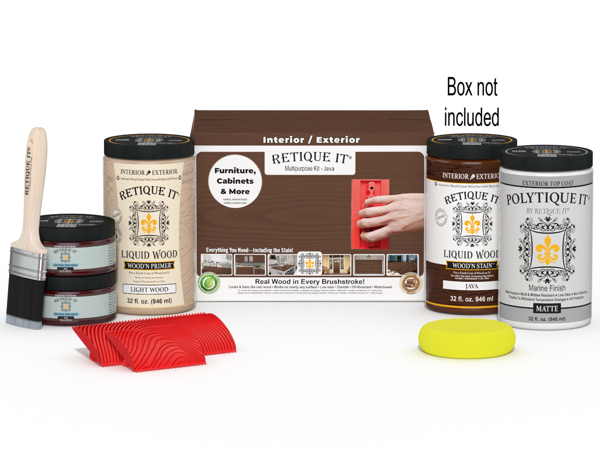 Large Java Wood'n Kit by Retique It for exterior top coat, includes wood finish supplies and applicator tools.