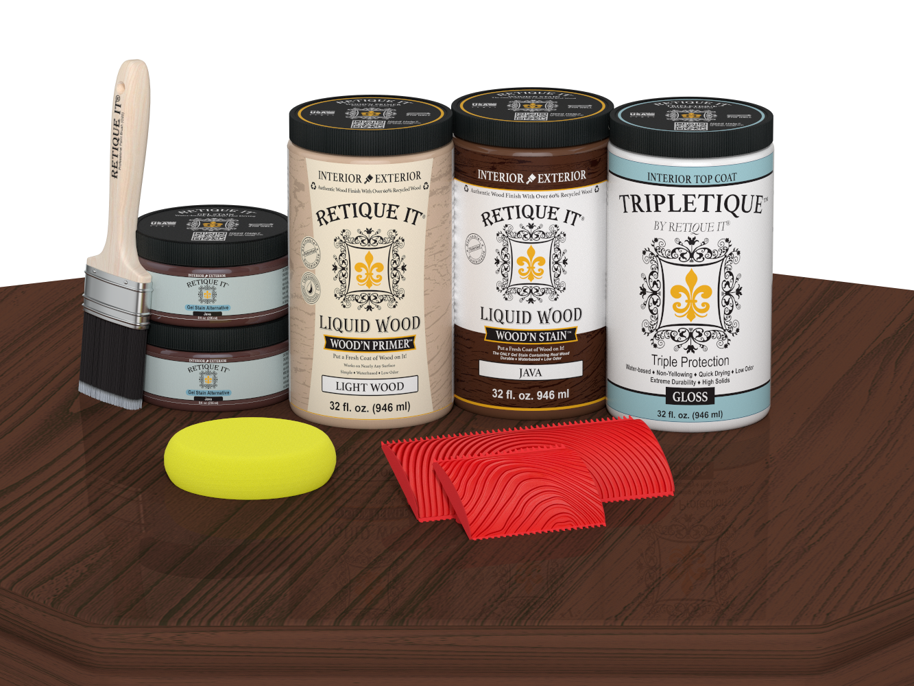 Retique It® Wood'n Cabinet Kit Java stain with gloss finish, showing a sample of the grained wood door on a table.