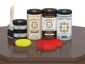 Large Java Wood'n Finish Kit by Retique It® with interior top coat for wood furniture, shown on a table surface.