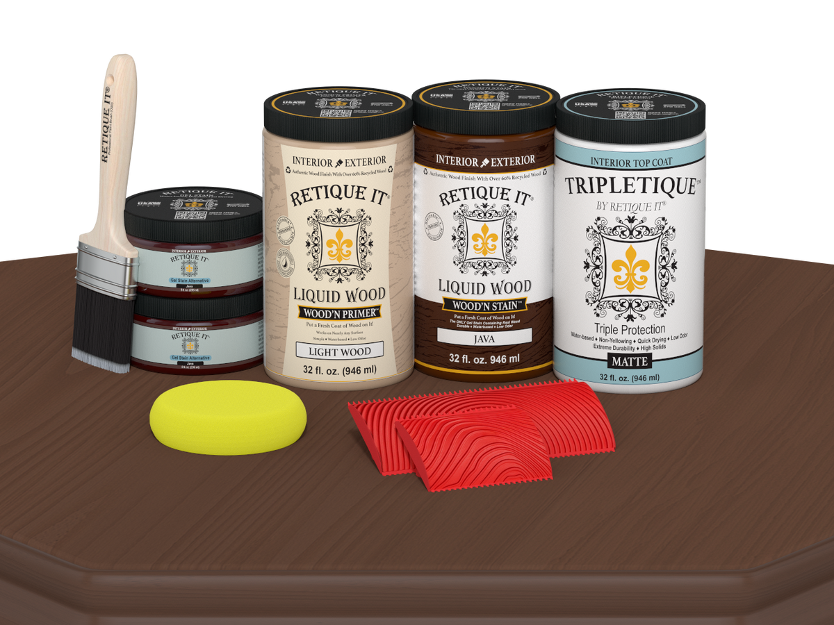 Large Java Wood'n Finish Kit by Retique It for interior wood projects, featuring matte top coat application on wooden surfaces.