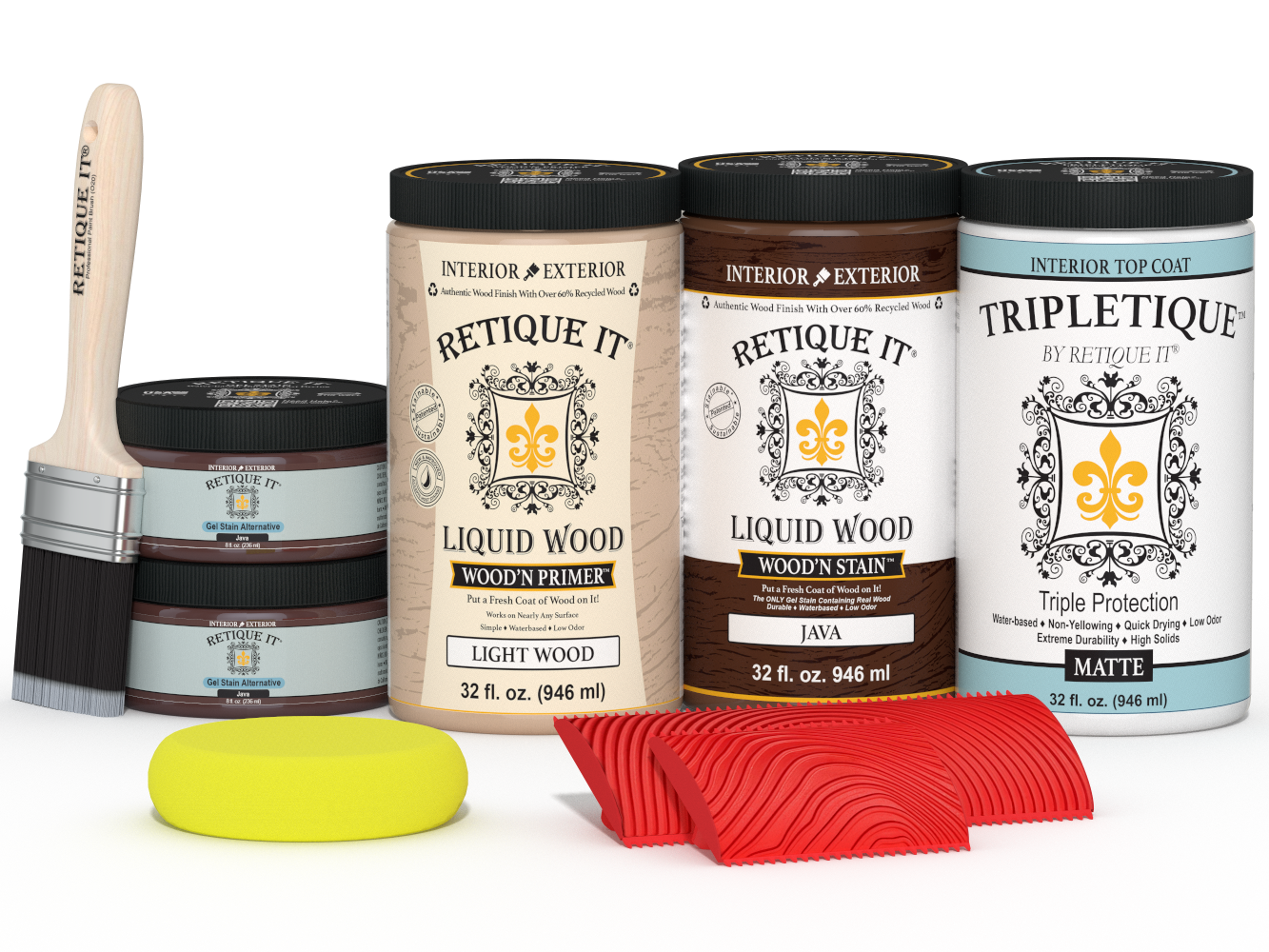 Retique It® Wood'n Cabinet Kit Java stain for 12 grained cabinet doors, matte wood finish, detailed grain texture visible.
