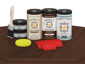 Retique It® Java countertop stain kit for full kitchen, showing satin finish on a wooden surface with stain application tools.