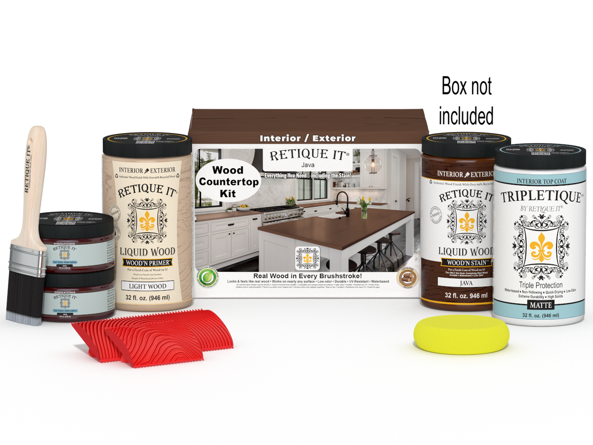 Retique It® Java countertop kit with stains, featuring full kitchen setup and included box, designed for countertop refinishing.