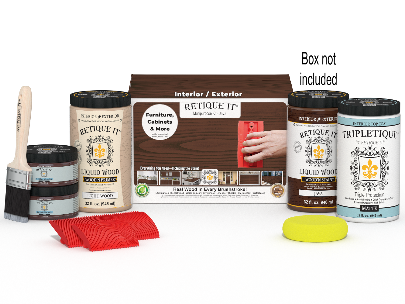 Large Java Wood'n Finish Kit by Retique It® for interior top coat, includes tools and supplies for wood finishing projects