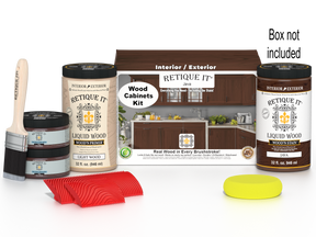 Retique It® Wood'n Cabinet Kit in Java stain with 12 grained cabinet doors, shown with box packaging for wood cabinet renovation.