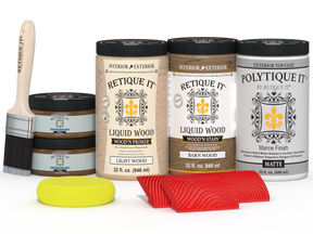 Large Modern Walnut Wood'n Finish Kit by Retique It® with exterior topcoat, includes wood finish and application tools.