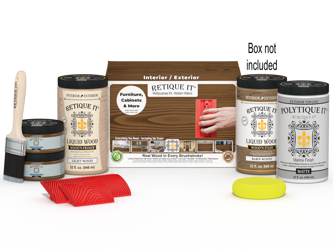 Large Modern Walnut Wood'n Finish Kit by Retique It® with exterior topcoat and wood finish products in a box.