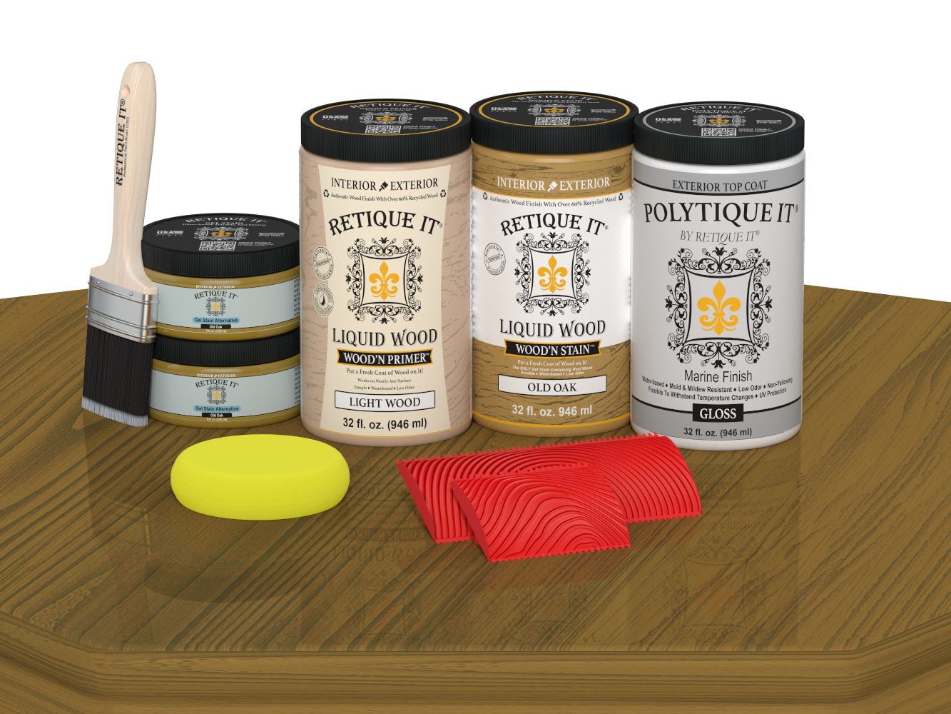 Retique It Wood'n Finish Front Door Kit (Double) in Old Oak stain with glossy finish, displayed on a table.