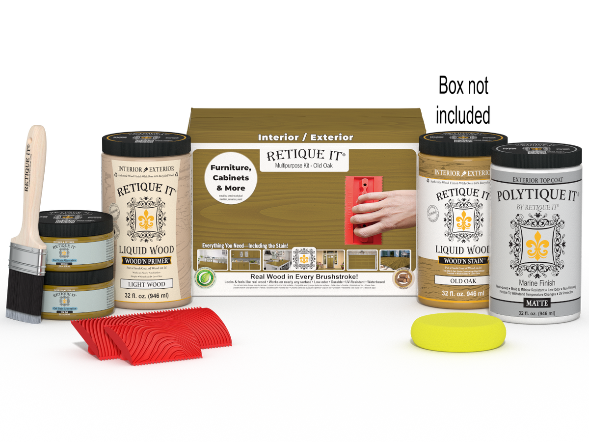 Large Old Oak Wood'n Finish Kit by Retique It with exterior top coat and brush, suitable for multi-purpose wood finishing projects.