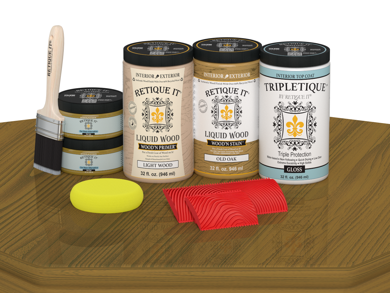 Retique It® Old Oak countertop kit with glossy stain finish applied on a kitchen countertop, showcasing rich wood grain and smooth surface.