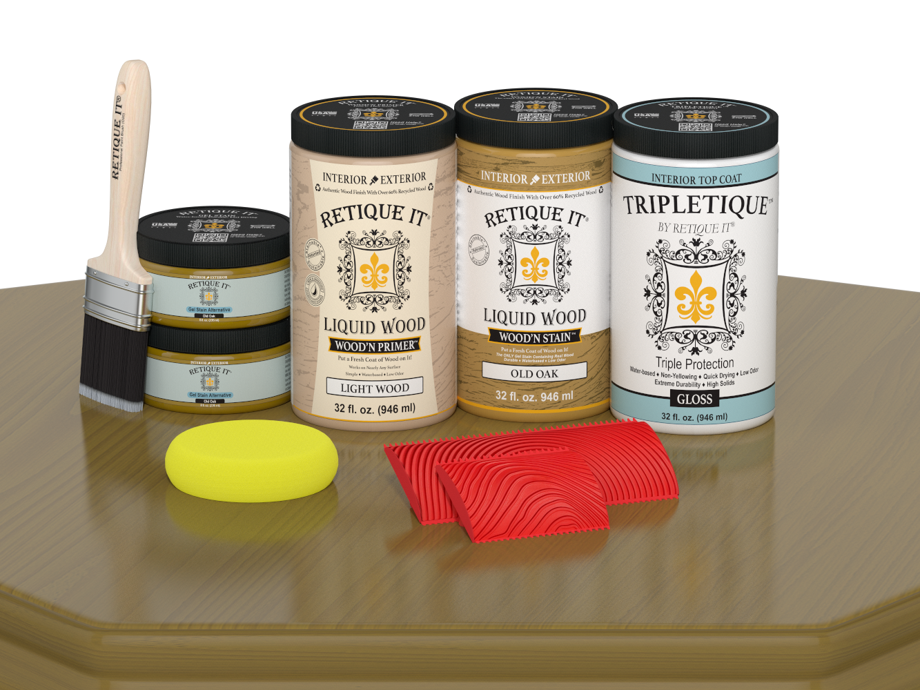 Glossy large wood finish kit from Retique It® in Old Oak for interior top coating, featuring a multi-purpose Wood'n Kit for furniture.
