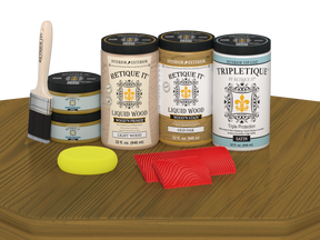 Retique It® Wood'n Finish Kit in Old Oak stain, four large containers of satin wood stain for tabletop refinishing.