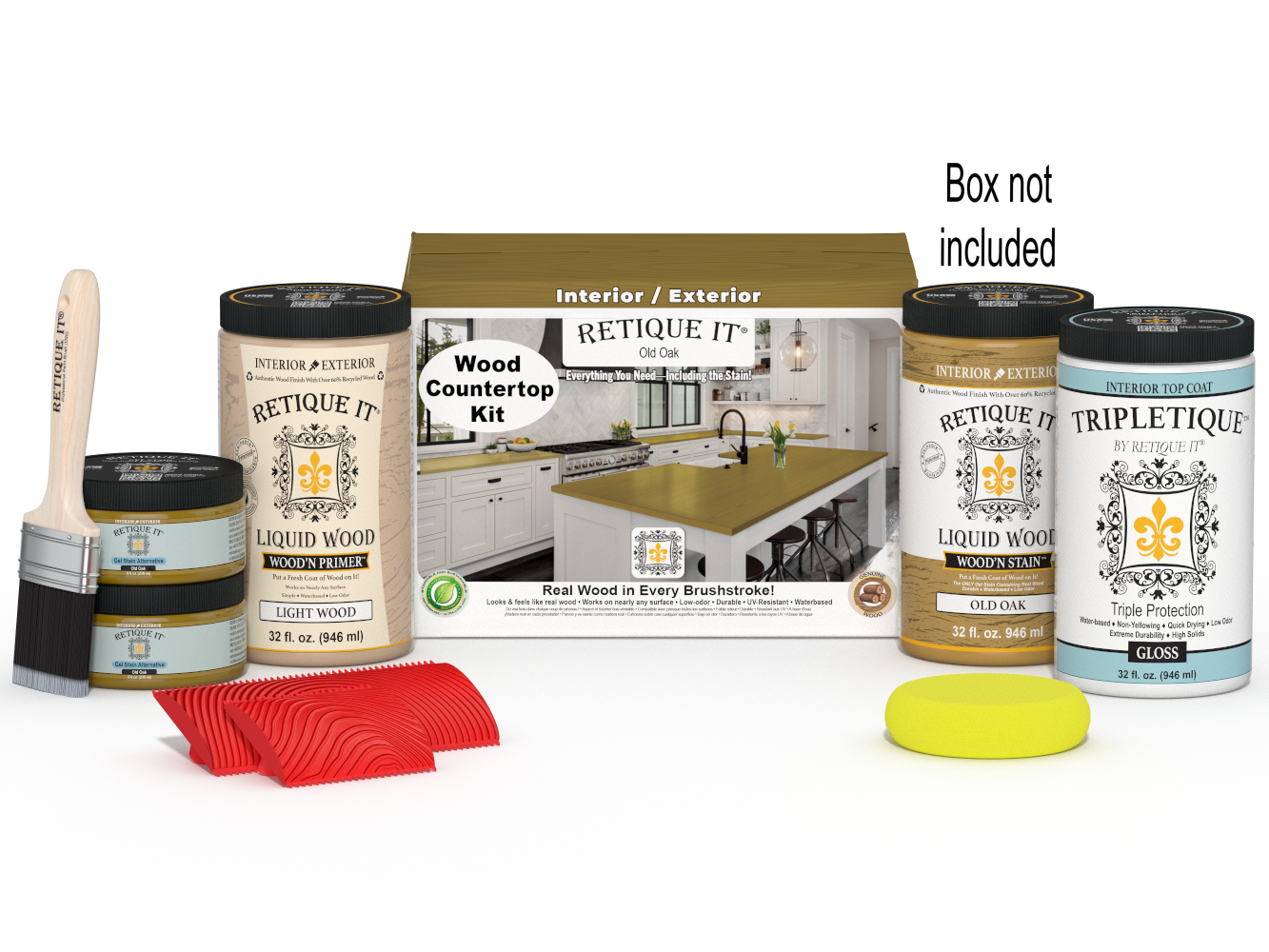 Retique It® Old Oak countertop kit with stain, showing a finished kitchen countertop in natural oak wood finish.
