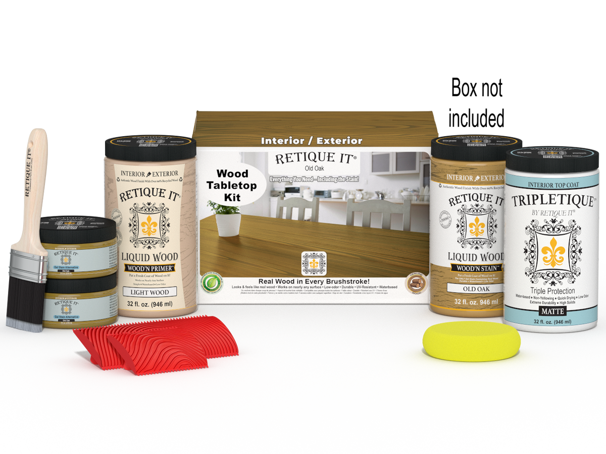 Retique It® Wood'n Finish Kit with four large Old Oak stains for tabletops, showcasing wood stain bottles and packaging.