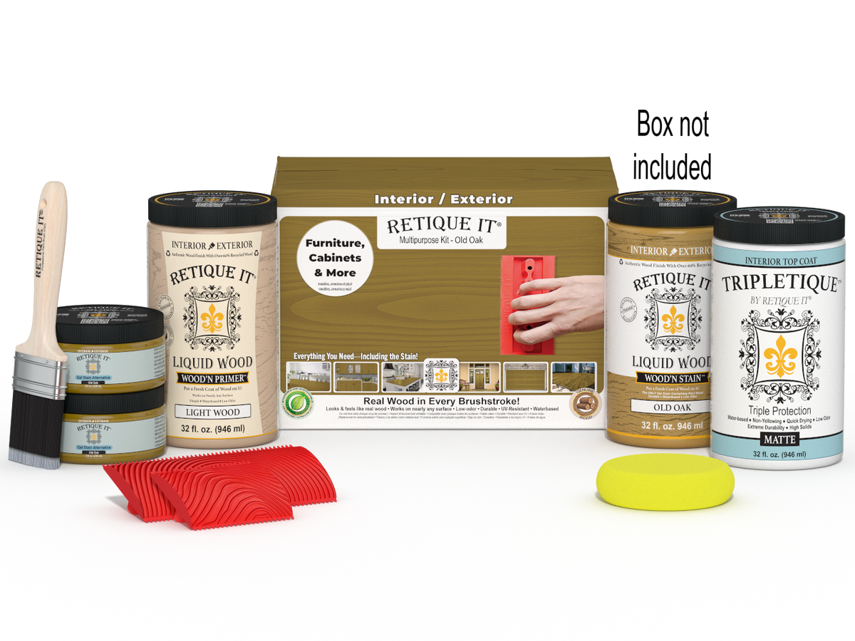 Large Old Oak Wood'n Finish Kit by Retique It for interior top coating, includes wood finish and application tools.