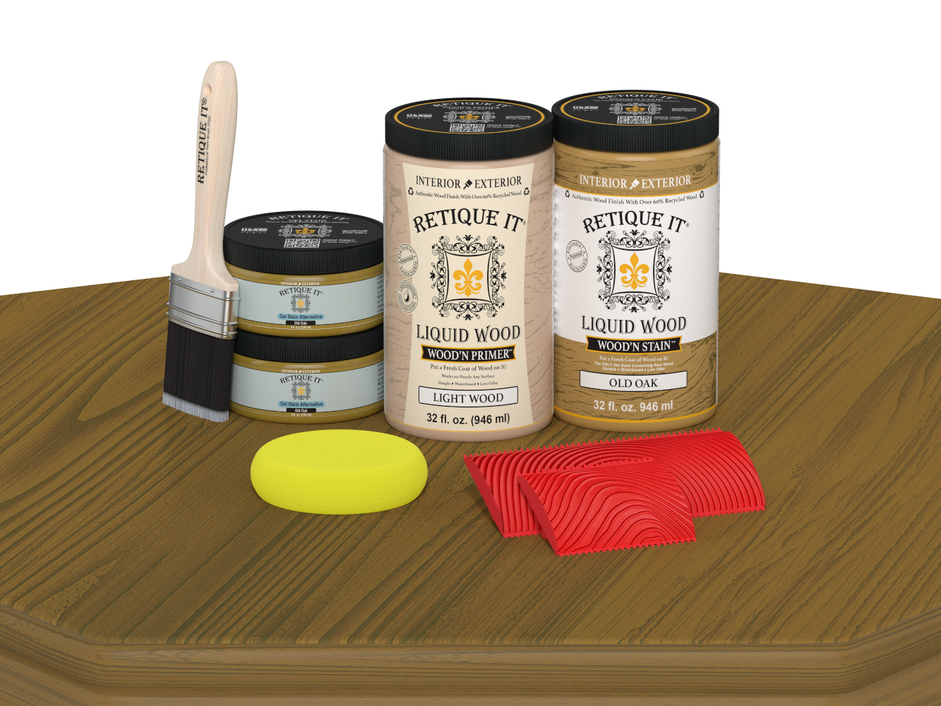 Retique It® Wood'n Cabinet Kit in Old Oak stain with 12 grained doors, displayed on a table, showcasing natural wood grain details.