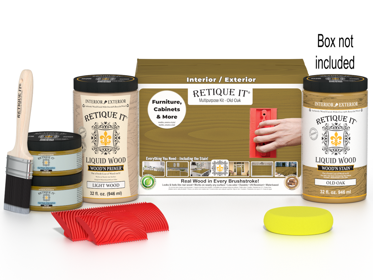 Large Old Oak Wood'n Finish Kit from Retique It with wood stain and tools for multi-purpose wood finishing projects.