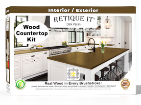 Retique It® dark pecan countertop kit with stains, showing a full kitchen countertop in a rich wood finish.