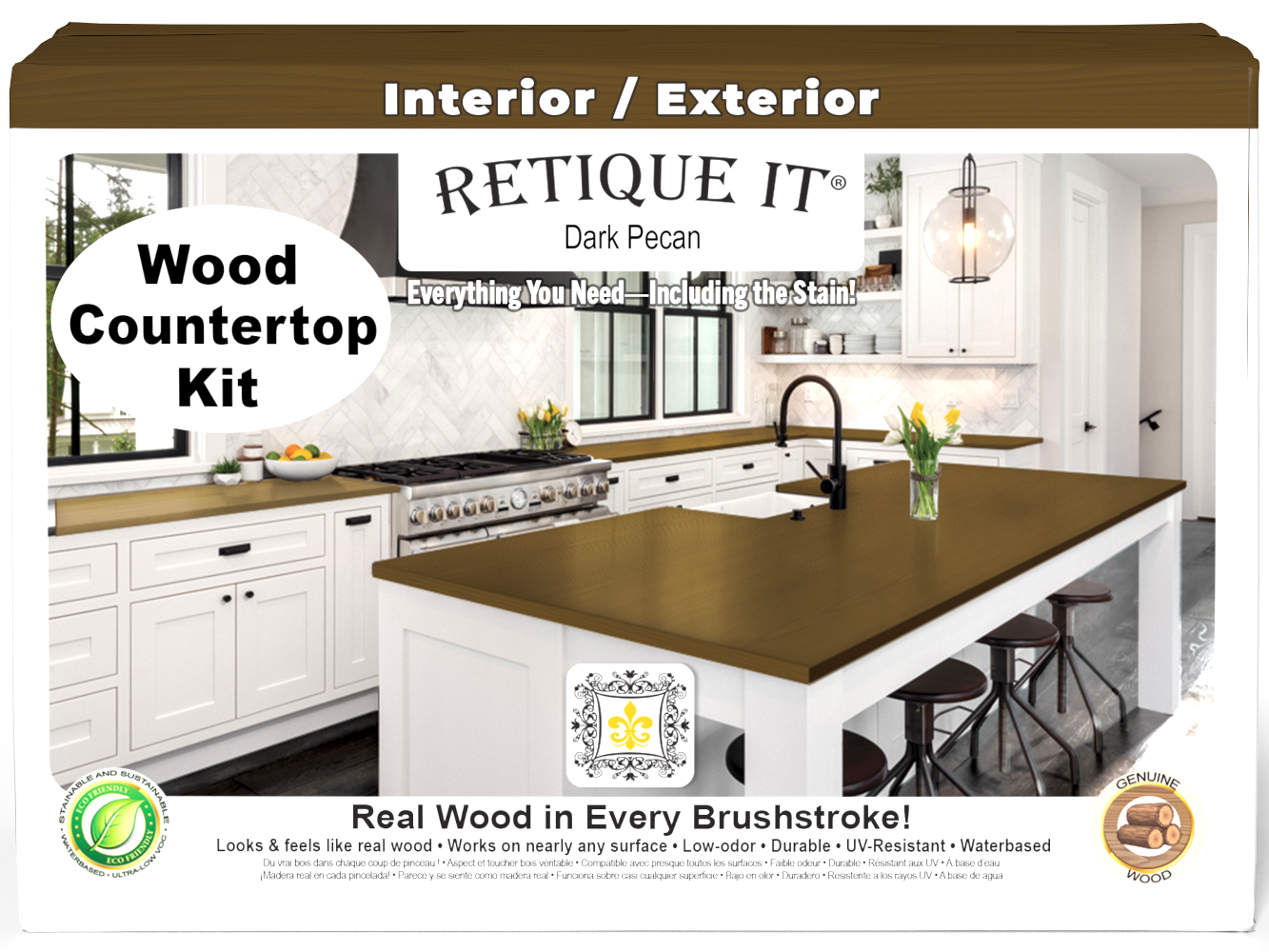 Retique It® dark pecan countertop kit with stain, showcasing a finished kitchen countertop in a full kitchen setting.