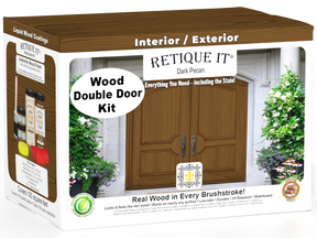 Retique It® Wood'n Finish Dark Pecan front door kit for double doors with stain finish, showing the stained wood surface and door panels.